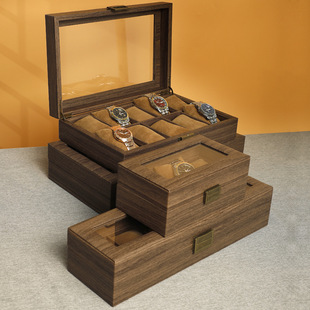 Light Luxury New Chinese Style Solid Wood Wood Grain Leather Watch Box Bracelet Bracelet Jewelry Box Vintage Wristwatch Display Box with Lid