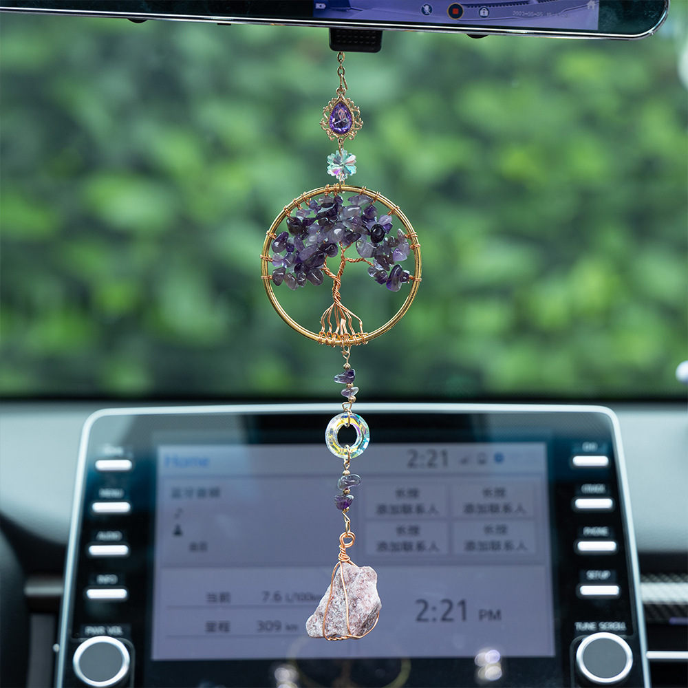 電鍍紫晶生命樹車載掛件捕夢網 天然石頭捕夢網掛件 捕夢網風鈴
