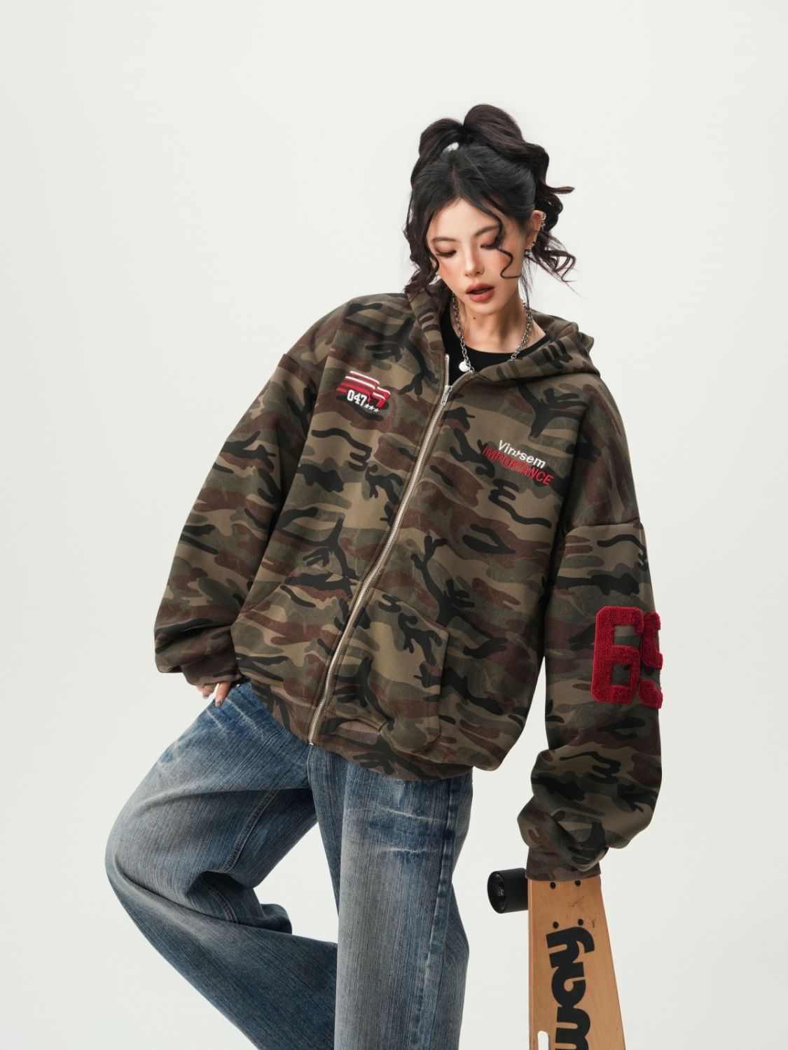 American Streetwear Camouflage Cardigan Hoodie Unisex Couples Spring Vintage Trendy Oversized Casual Hooded Sweatshirt