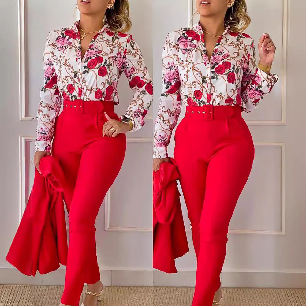 European and American Foreign Trade Women's Cross-border New Casual suit Printed Collar Long Sleeve Shirt Top Trousers Two-piece Set