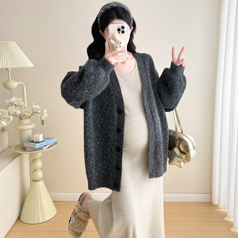 孕妇秋冬新款韩系宽松开衫毛衣外套修身显瘦针织连衣裙甜美两件套|undefined