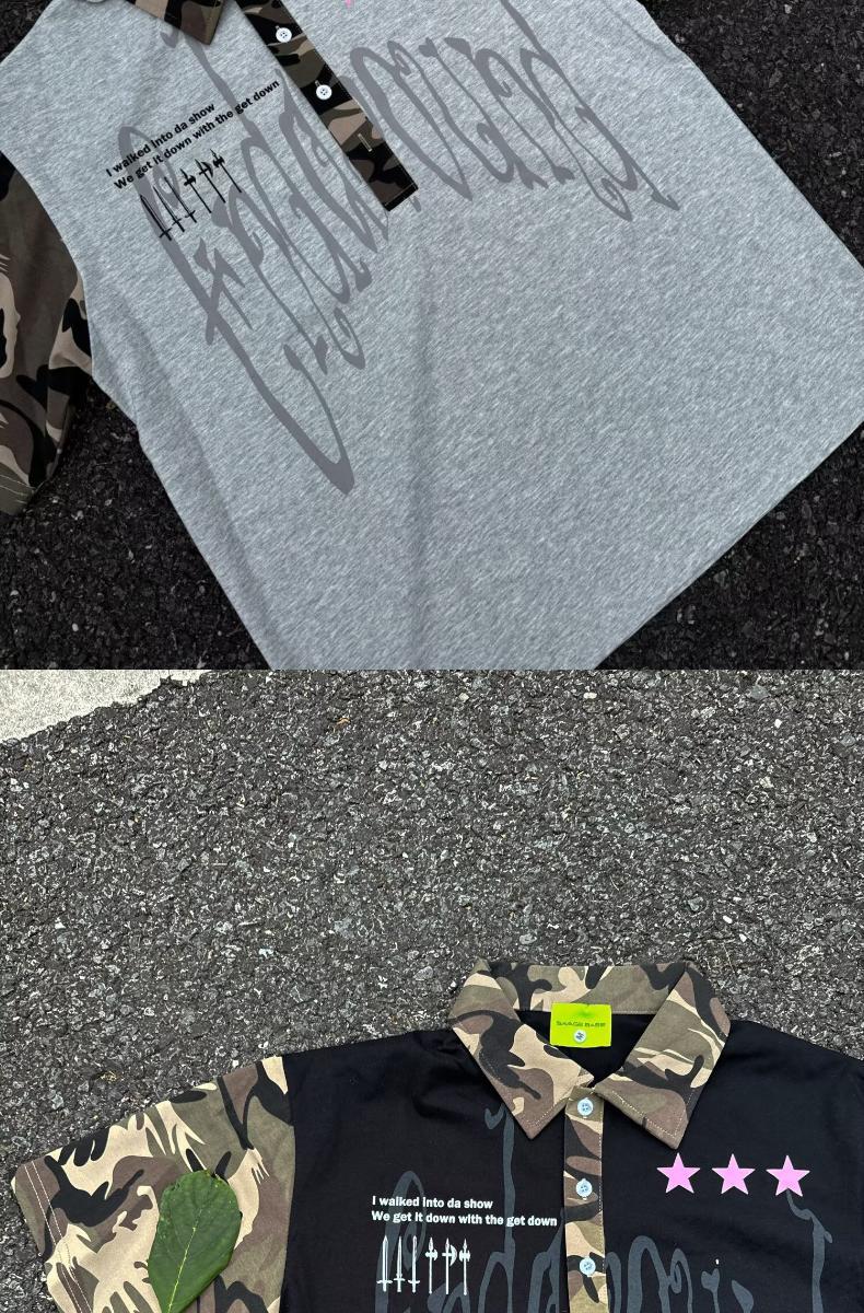 Men's Clothing Men's Hip Hop Camouflage Patchwork Collared Short Sleeve T-Shirt Trendy Streetwear Loose Fit Casual Five Quarter Sleeve For Couples_viptrois.com
