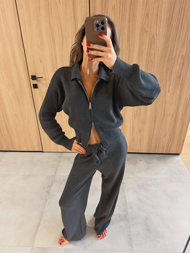 Bộ đôi áo cardigan len cổ polo dáng ngắn khóa kéo và quần dài dệt kim dây rút phong cách Âu Mỹ — Màu be, Màu nâu, màu xám, màu đen chi tiết 9