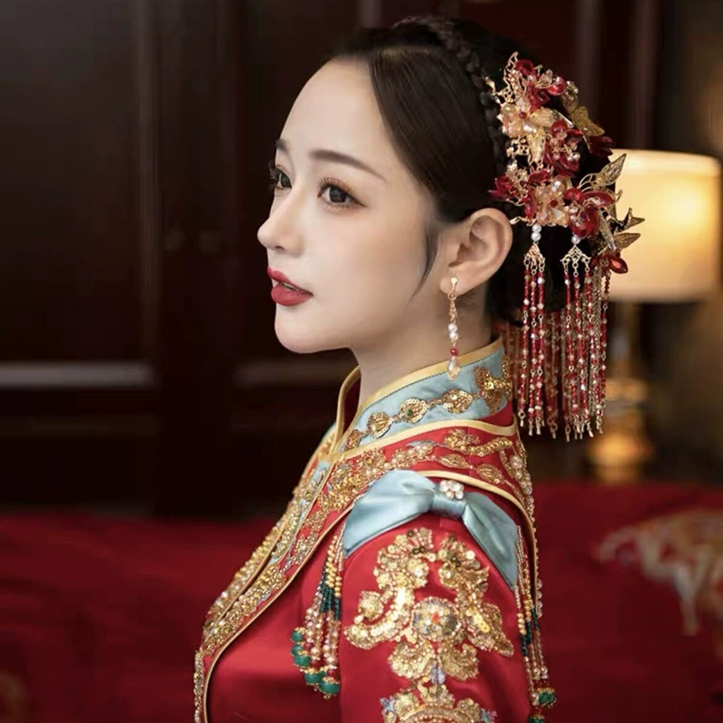 Красная глазурь цветок супер красивая кисточка задняя зона костюм Хана древний костюм платье xiuhe Свадебные украшения для волос Китайский головной убор невесты