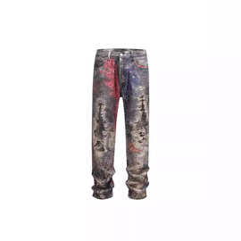 美式高街潮流数码印花牛仔裤高街嘻哈宽松休闲男士直筒牛仔裤 潮