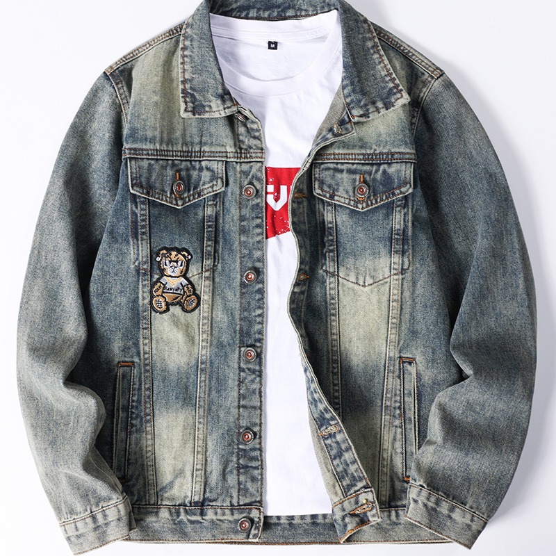 Bear [Trendy] High-luxury locomotive style embroidery fashionable men's denim jacket, denim jacket men's top 532_voghion.com