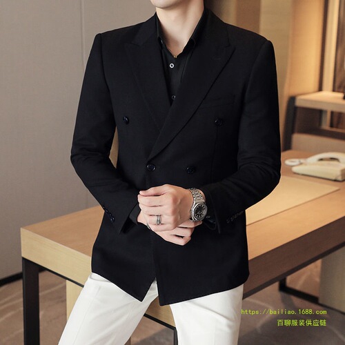 Men's Double Breasted Korean Style Fitted Autumn Suit Jacket Business Casual Light Blue Blazer Trendy Single Piece
