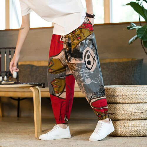 Chinese-style wide-leg pants for men, cotton-linen radish pants, loose casual large size lantern pants, ethnic style floral pants, drawstring pants