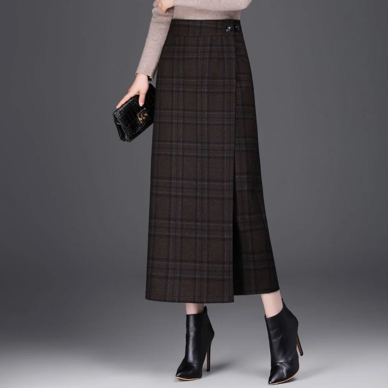 一片式格子毛呢半身裙女秋冬2024新款包臀裙中长款直筒一步裙气质