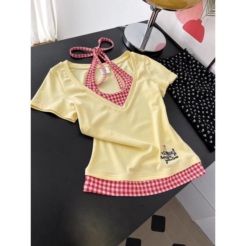 Embroidered Fake Two-Piece Halterneck Short-Sleeved T-Shirt for Women in Summer Design Niche Slim Fit Unique Waist-Cinching Short Top Embroidered Fake Two-Piece Halterneck Short-Sleeved T-Shirt for Women in Summer Design Niche Slim Fit Unique Waist-Cinching Short Top