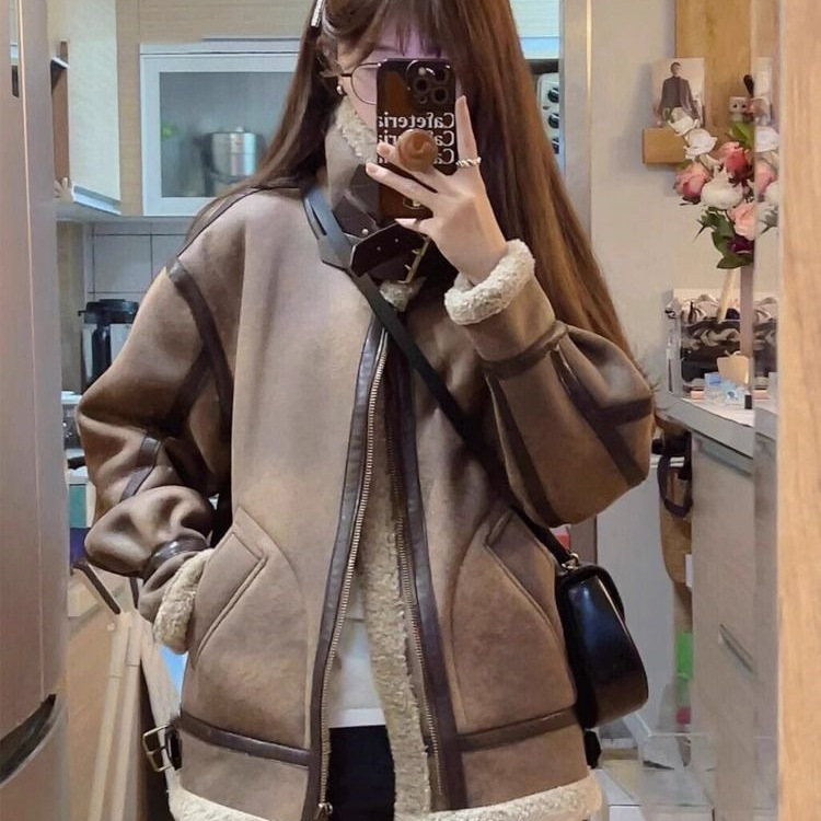 Fur Integrated Maillard Outwear Women's New Winter Loose Motorcycle Jacket Lamb Plush Thickened Fur Outwear