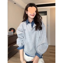 韩版减龄假两件格纹polo领撞色卫衣女秋冬2025新款设计感小众上衣