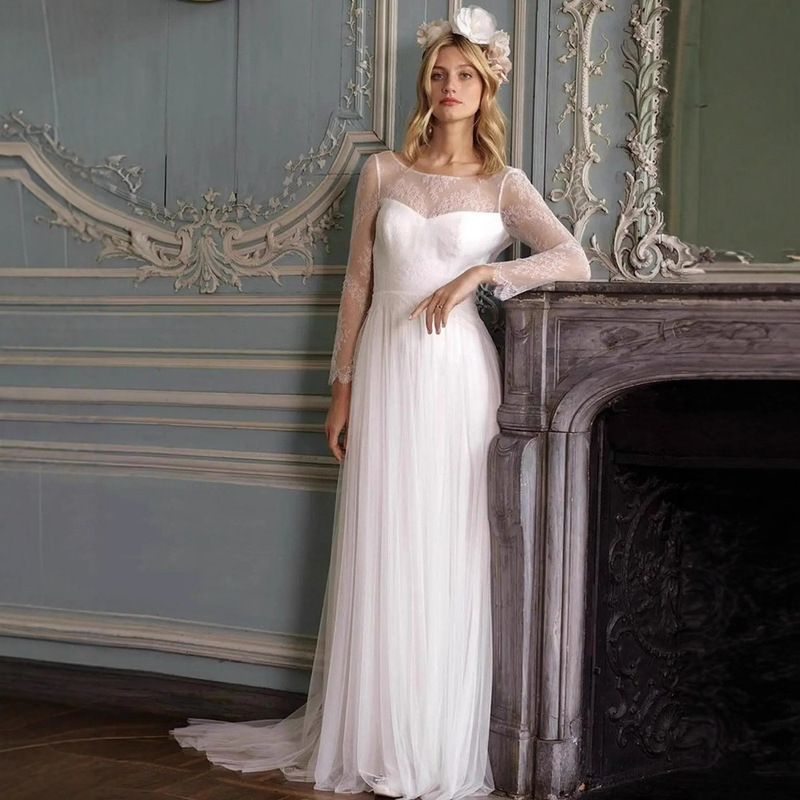 Simple French-Style Light Gauze Mori-Style Travel Photography Lace Long-Sleeve Wedding Dress Welcome Gauze Annual Meeting Host Party Fairy Evening Gown