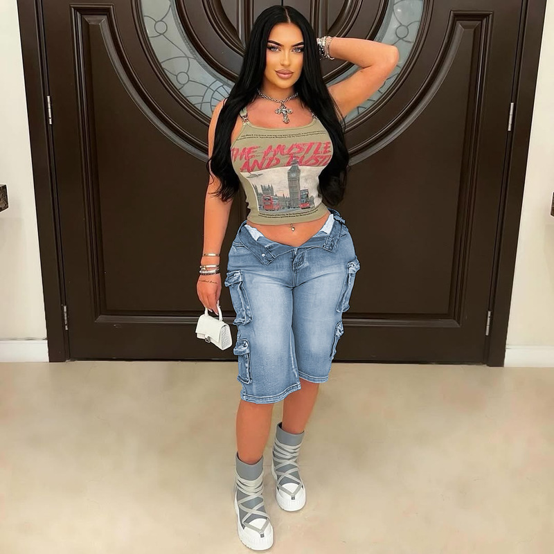 Cross-border New Amazon European and American Women's Fashion Multi-pocket Washed Capri Pants Denim Cordless Pants Women's Slim Look