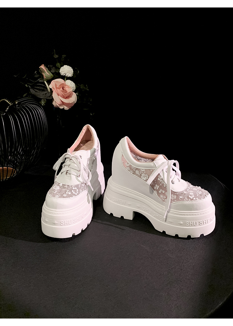 Giày sneaker nữ đế dày lưới thoáng khí, phối dây buộc phong cách loafer đế xuồng — Trắng 12cm, Trắng 15cm, Đen 12cm, Đen 15cm chi tiết 14