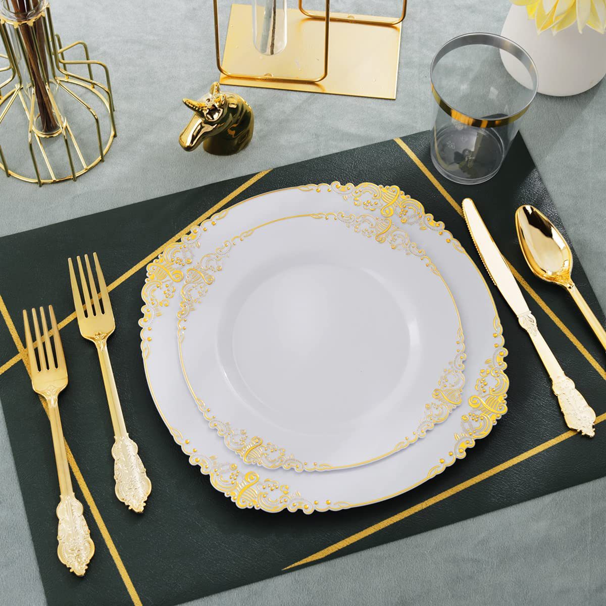 10g Weight Tableware Kitchen and drinking utensils Tableware Event & Party Supplies 1 Piece Quantity Home, Daily Occasion Plastic Material Multicolor Pattern Chinoiserie, Vacation Style Disposable Tableware Dragon Pattern White Golden Edge Relief Plate Wine Glass Knife, Fork And Spoon PS Hard Plastic Gold Air-Laid Paper Suit 7