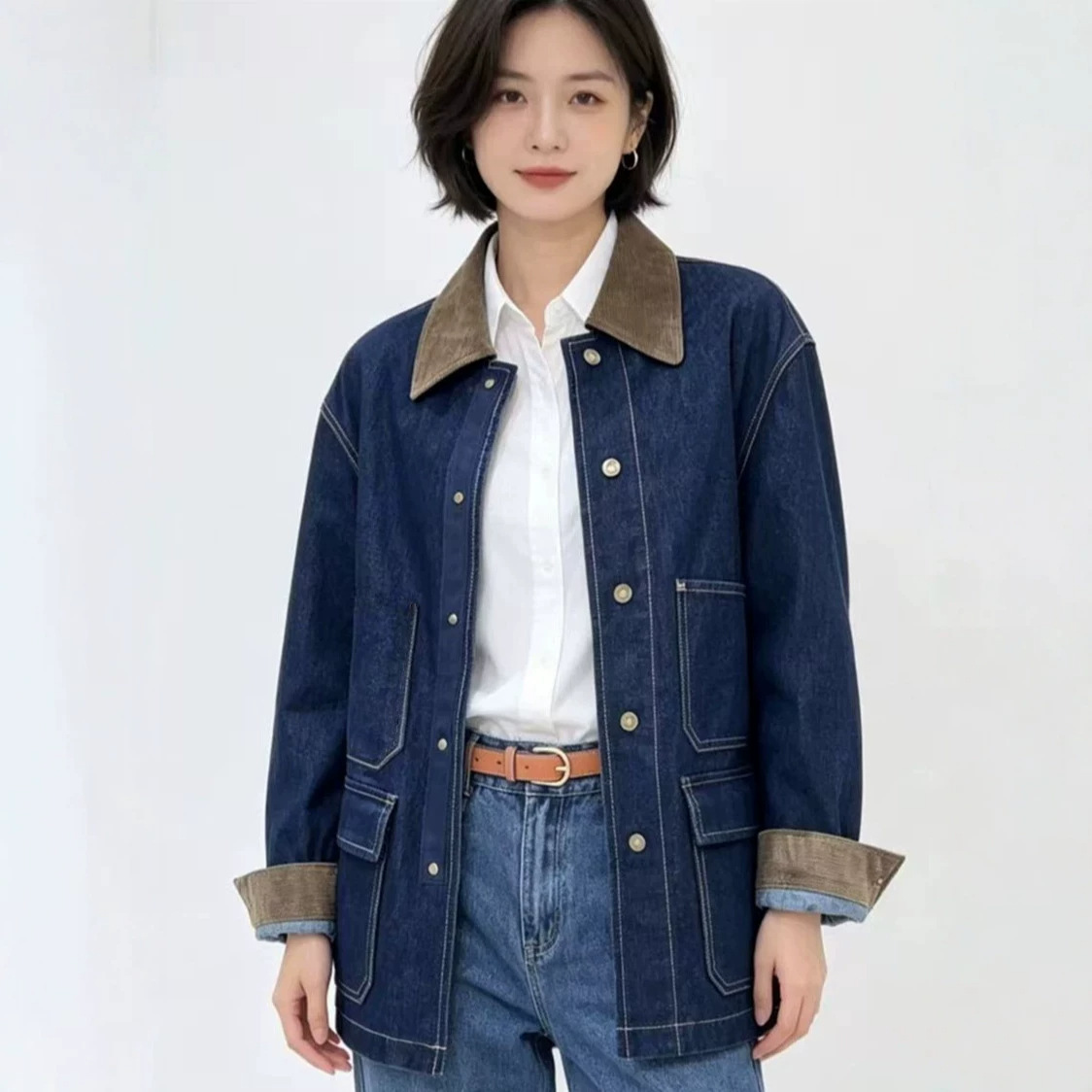 E* Women's Clothing Mall Same Style 2026 Autumn New Arrival Loose Casual Simple Retro Workwear Denim Jacket