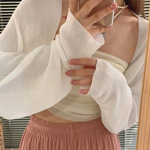 Ice silk knitted sun protection cardigan thin women's summer shawl outer short top long-sleeved blouse small vest jacket