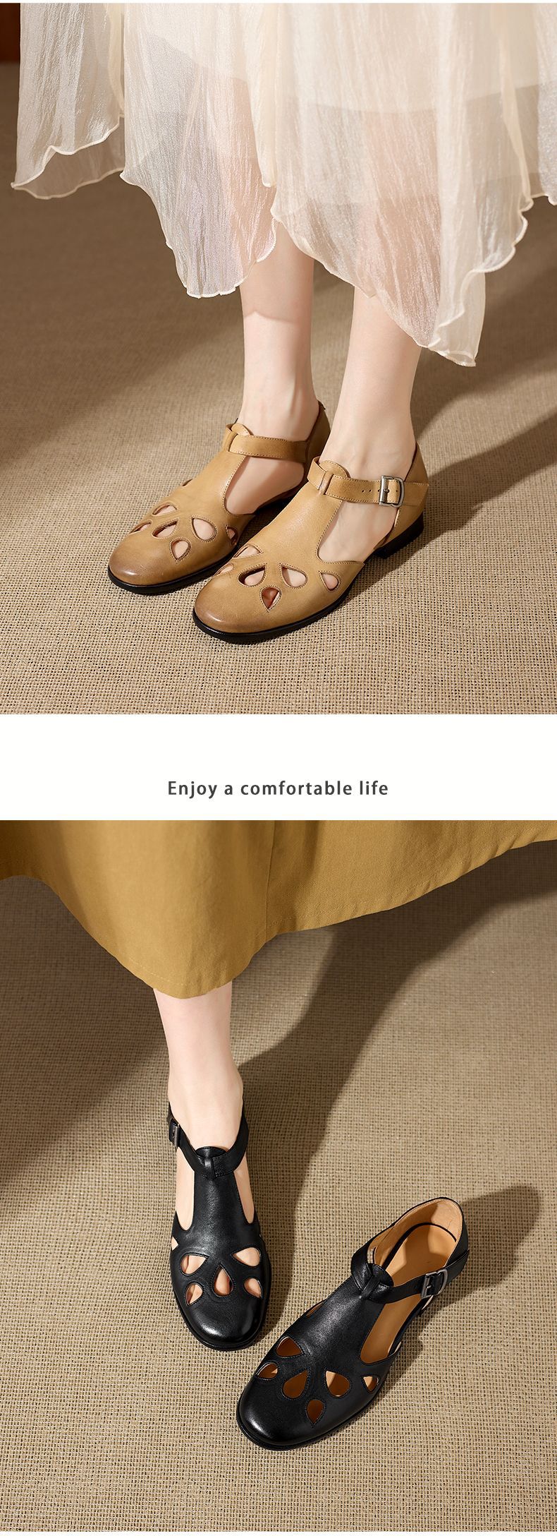 Sandal nữ da bò đục lỗ quai chữ T cổ điển, mũi kín gót bệt — màu nâu chi tiết 13