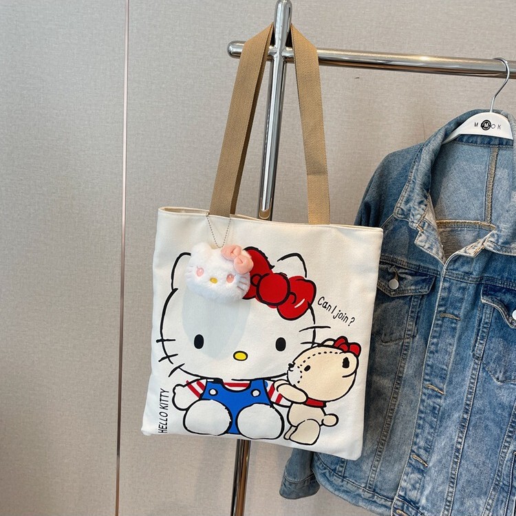 Cross-Border Nins Canvas Bag Women's Large Capacity Bag Student Shoulder Tote Bag Cute Kt Cat Commuter Tote Bag