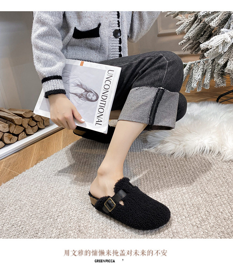 Dép nửa gót bít mũi lông xù kiểu Birkenstock cổ điển cho nữ, mũi tròn — Màu nâu, Màu trắng sữa, Màu đen chi tiết 29