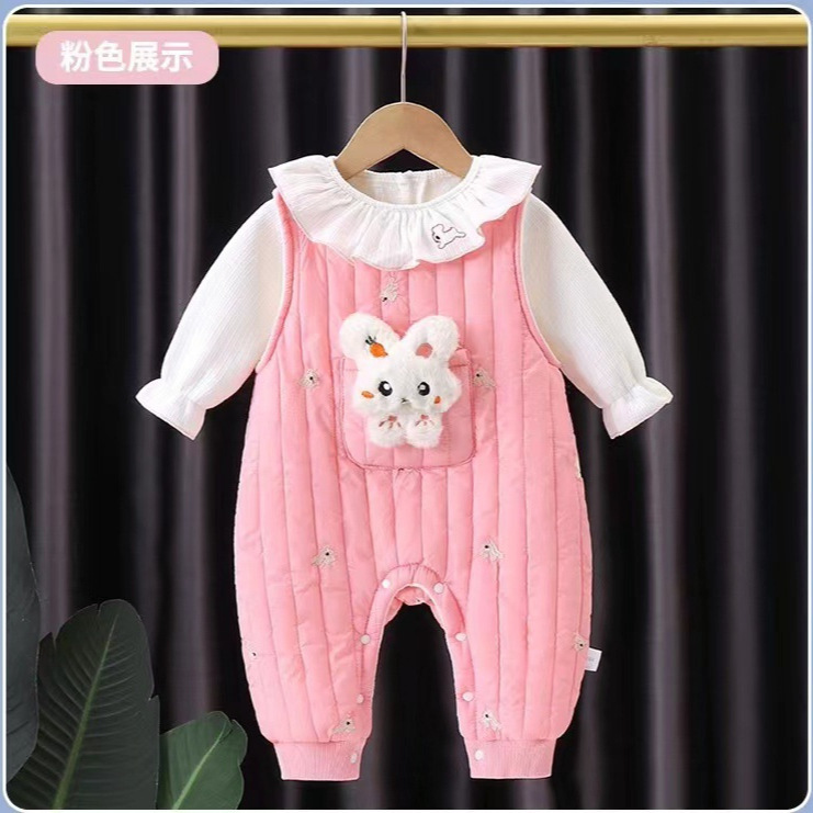 Traje de correa de conejo lindo para bebé de estilo occidental, cuello de encaje de bebé de moda, camiseta, tirantes anchos, pantalones, traje de escalada