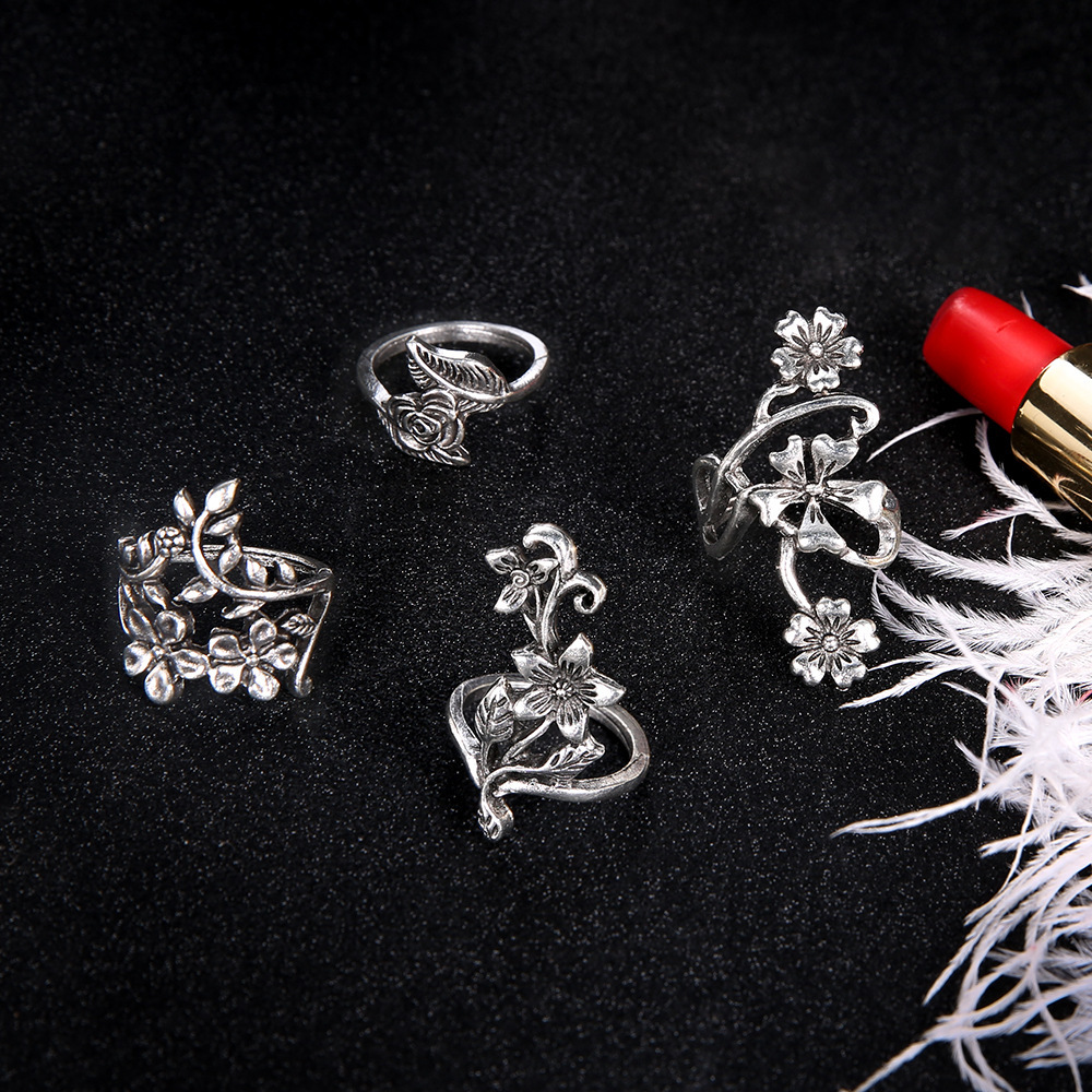 Böhmisches Weinblatt Und Blumen Ring Set, Vintage Silber Schmuck_voghion.com