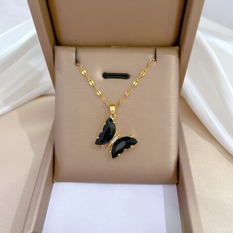 Earrings, Necklace Classification Golden Plated 304 Stainless Steel Electroplating Artificial Crystal Butterfly Elegant Earrings Necklace For Women'S