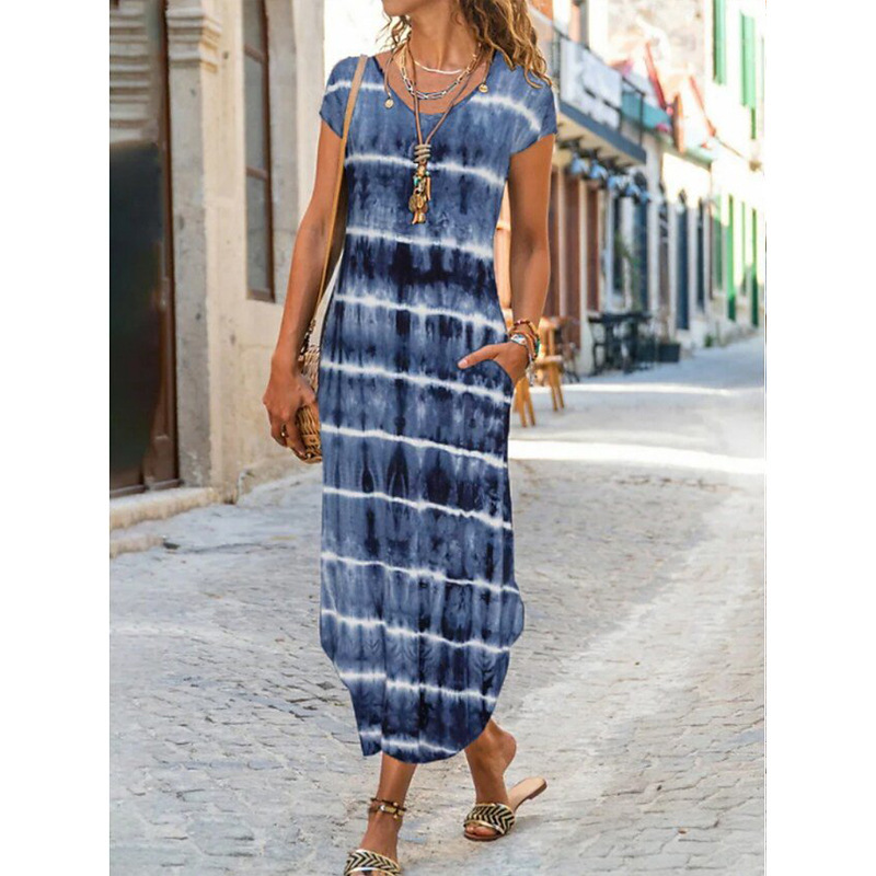 Women's A-line Skirt Casual Round Neck Printing Pocket Short Sleeve Ditsy Floral Maxi Long Dress Daily display picture 1