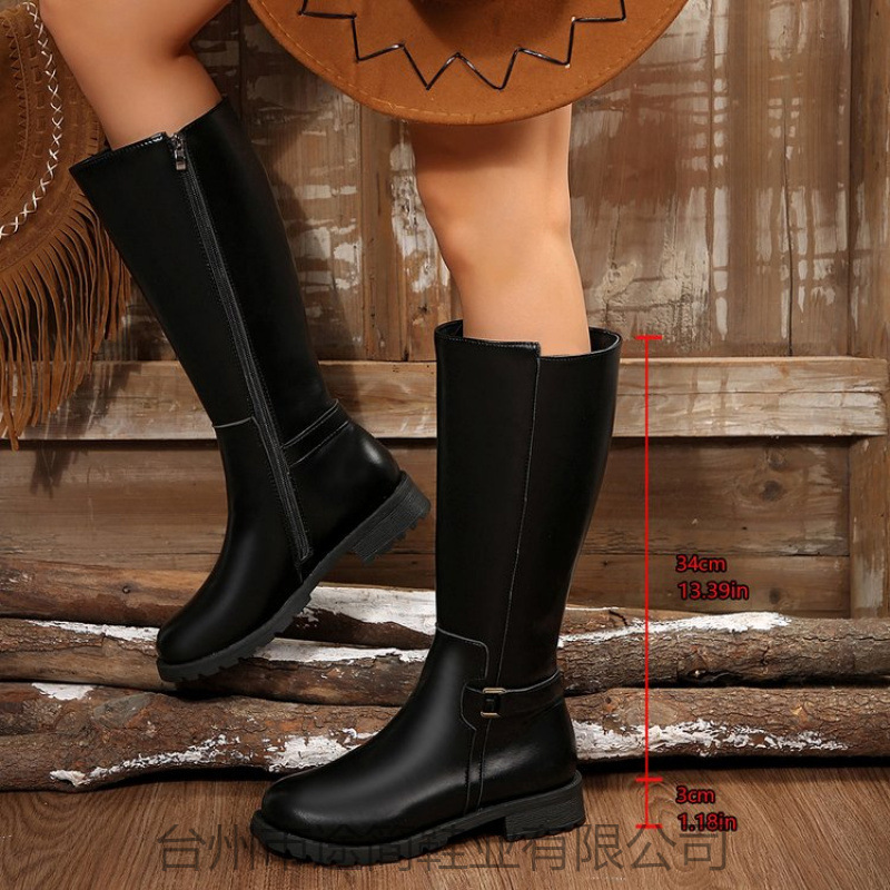Foreign trade European and American style women's knee-high boots, plus-size women's boots, women's high-tube riding boots with side zipper and buckle, chunky heel long boots