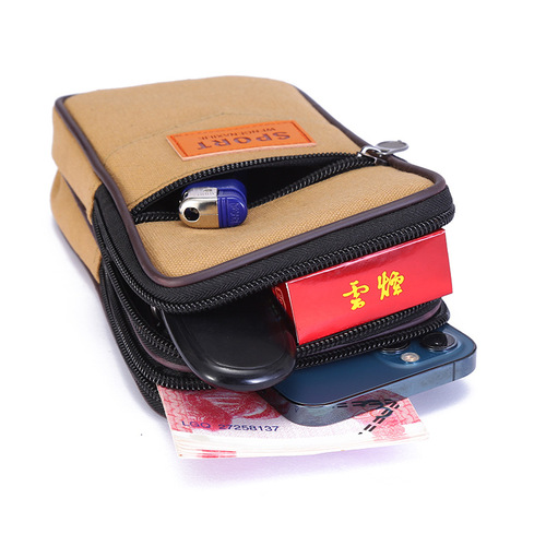 New canvas zippered belt waist bag running mobile phone waist bag construction site stall cross-border men's and women's wallet mobile phone bag