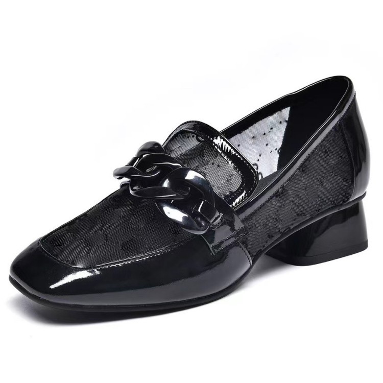 Giày Loafer Nữ Da Thật Đầu Vuông Gót Chunky 3 cm — Lưới đen (gót 3CM)