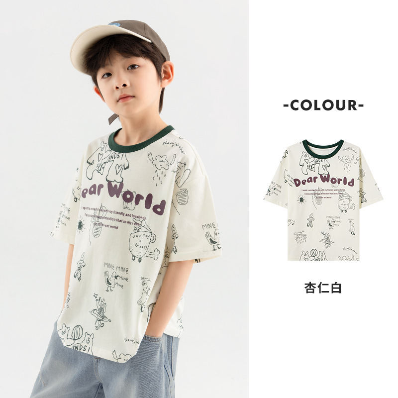 Duojia コントラストカラーネックボーイズ Tシャツ夏の新しいスタイル子供用軽くて涼しいフルプリントパターン純綿半袖|undefined