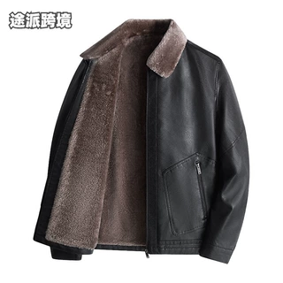 跨境PU上衣加厚绒皮夹克秋冬男士皮衣轻商务休闲方领轻奢防水翻领