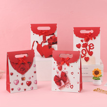 情人节手提袋印花玫瑰爱心包装袋派对礼物四指袋批发蝴蝶结纸袋