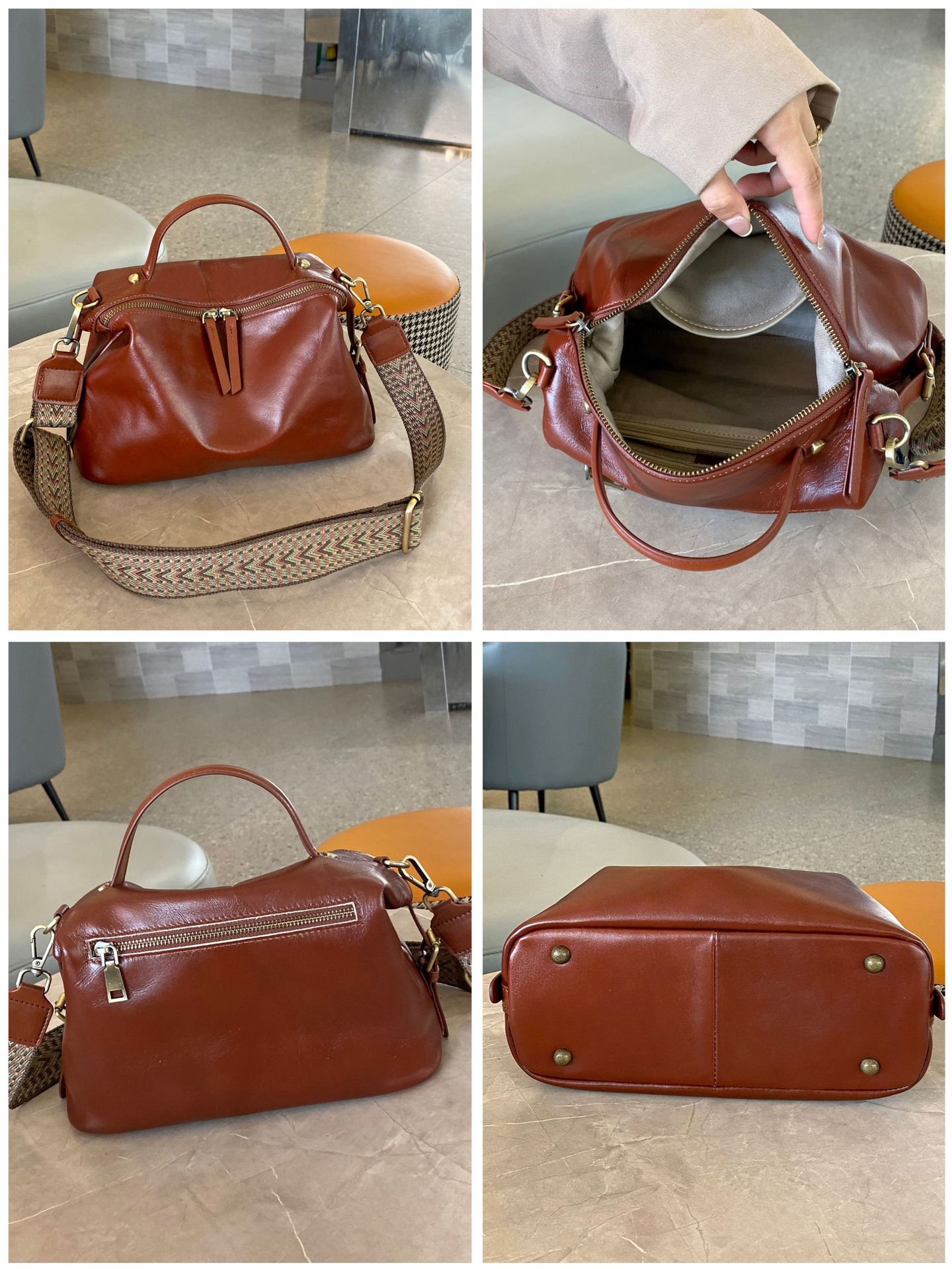 Plant tanned top layer cowhide, niche and versatile single shoulder crossbody minimalist women's zippered dumpling bag,_voghion.com