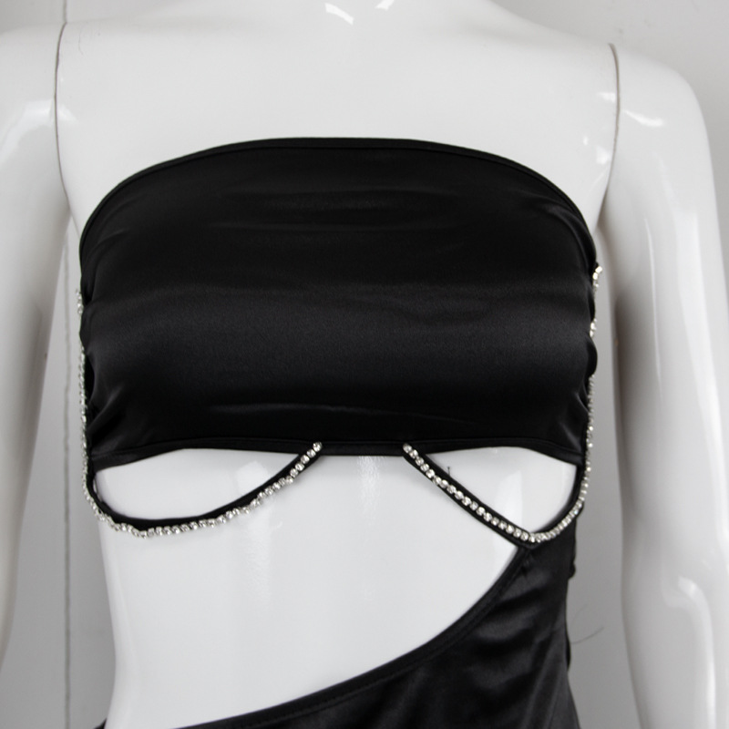 Spring Summer Sexy Drill Chain Decorative Side Slit Lace-up Cutout Women Sheath Dress