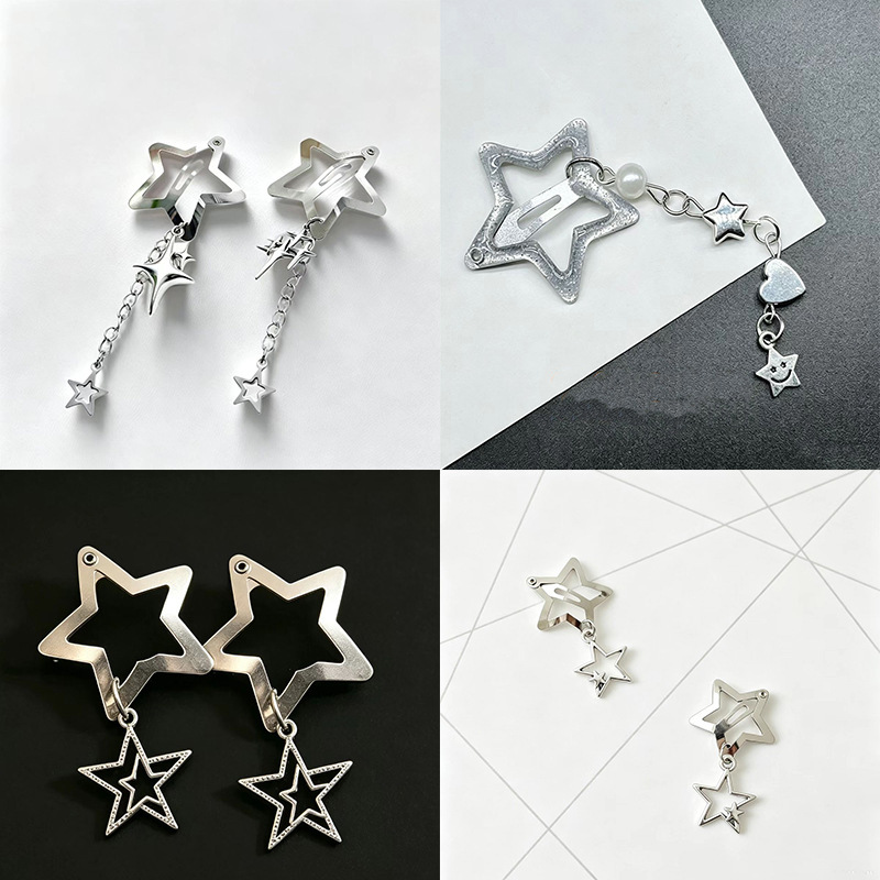 Sweet and cool silver Y2K hot girl style personalized star pendant BB clip hair accessory, pentagram bangs clip, side clip accessory Sweet and cool silver Y2K hot girl style personalized star pendant BB clip hair accessory, pentagram bangs clip, side clip accessory