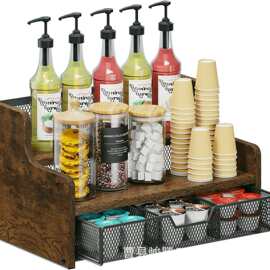 木质咖啡站收纳盒吧台多层咖啡包糖浆水杯置物架咖啡吧配件K杯架