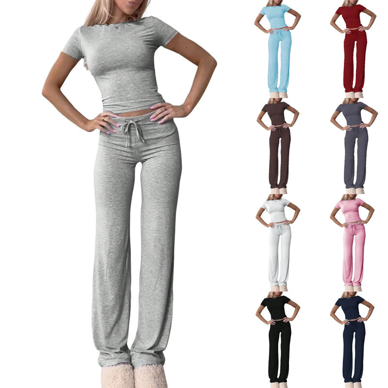 2025 European And American Cross-Border New Casual Set Short Sleeve Top Long Pants Homewear Sportswear Yoga Wear_ecoleips.com