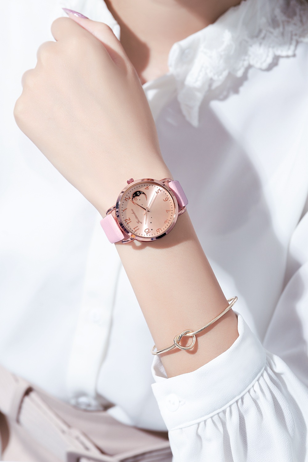 Orologio da studente in oro rosa con cinturino minimalista da donna con motivo stella lunare, nuovo prodotto caldo e alla moda 2024_voghion.com