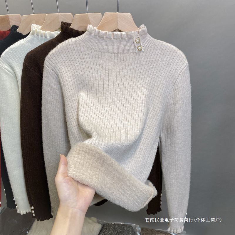 加厚加绒毛衣女打底衫新款针织打底冬季新款半高领上衣针织衫百搭