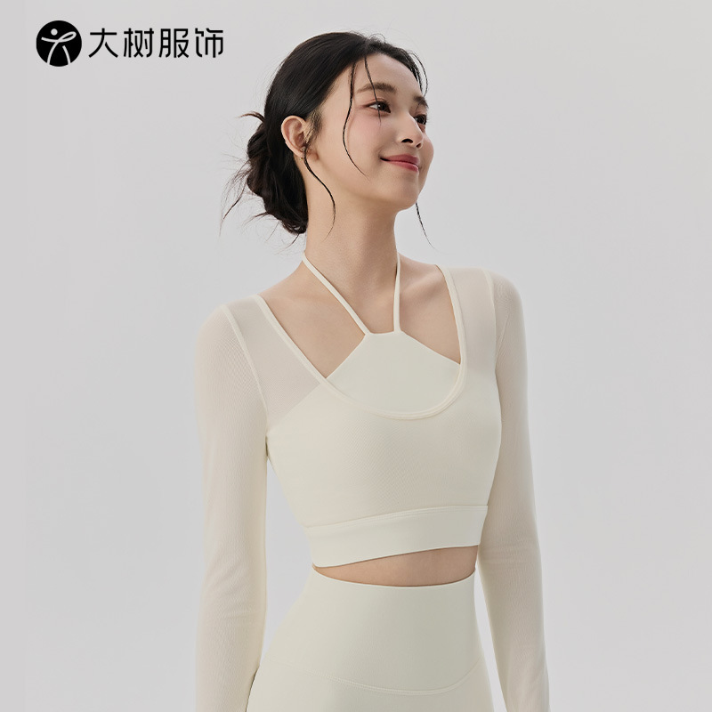 Fake Two-Piece Mesh Long-Sleeved Yoga Wear Fixed Cup Short Halterneck Sports Bra All-In-One Navel-Baring Fitness Top