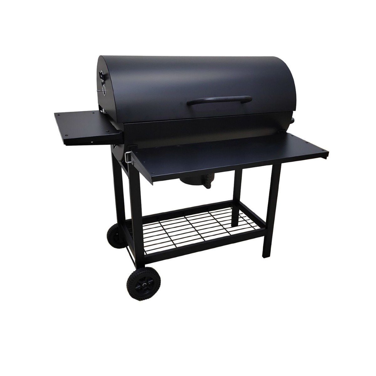 El fabricante suministra una parrilla para barbacoa de barril de aceite completamente cerrada de 42 cm de diámetro con ruedas y un panel frontal plegable.