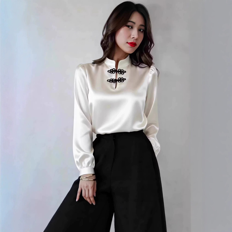 Cross-Border Hot-Selling New Chinese-Style Buttoned Chic and Beautiful Tops, Satin Stand-Collar Shirts, Soft and Comfortable Women's Tops Cross-Border Hot-Selling New Chinese-Style Buttoned Chic and Beautiful Tops, Satin Stand-Collar Shirts, Soft and Comfortable Women's Tops