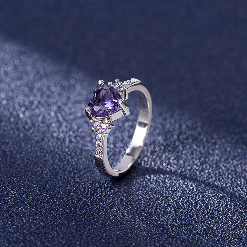 亚马逊热卖镶钻锆石心形紫水晶戒指女欧美风时尚紫钻锆石戒指首饰