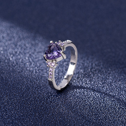 Amazon best selling diamond zircon heart-shaped amethyst ring for women European and American style fashion purple diamond zircon ring jewelry