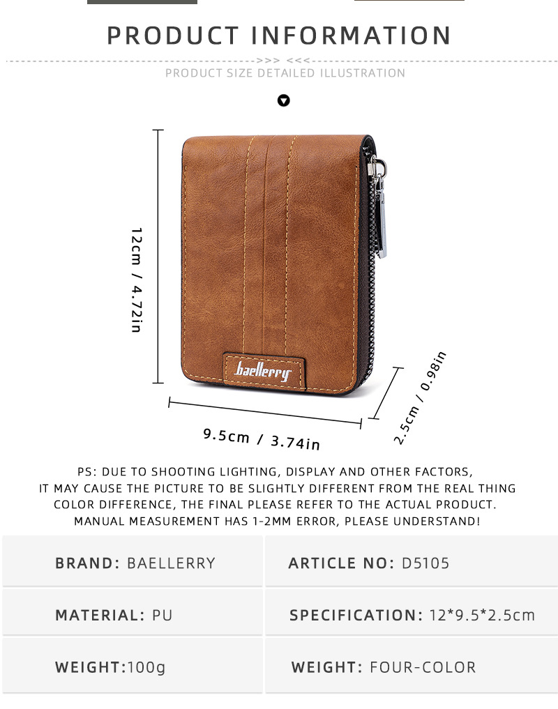 Small Wallets Bags Type Men's Solid Color Pu Leather Zipper Small Wallets