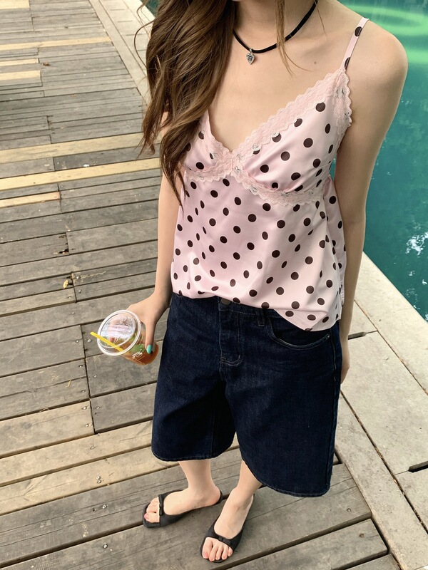 Sweet Tea American-Style Lace V-Neck Polka Dot Camisole 2026 Summer Women's Sexy Backless Top with Beautiful Back