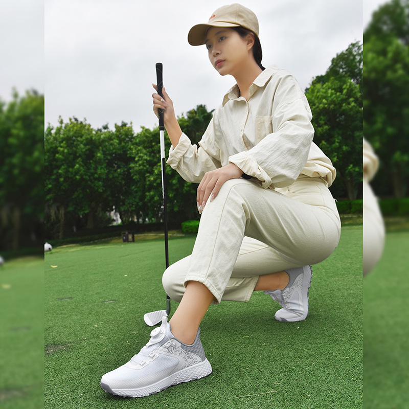 여성을 위한 크로스보더 플라이 니트 대형 골프화, 전문 경쟁 스포츠 트레이닝화, 고정 스파이크 회전 버튼